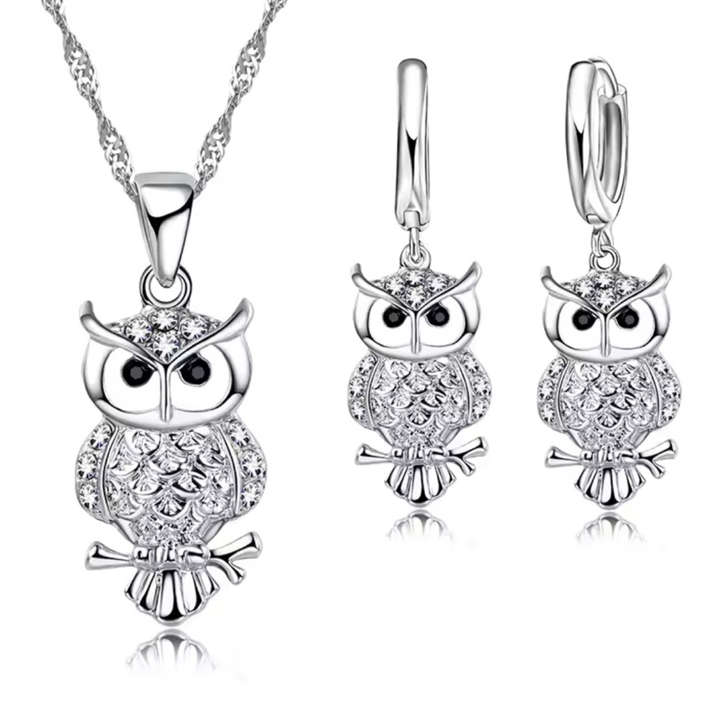 Sterling Silver Cubic Zirconia Owl Jewelry Set